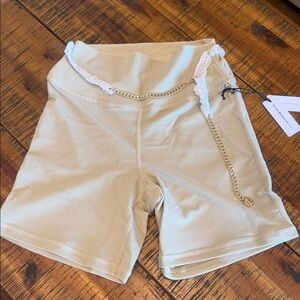 WeWoreWhat Cream Ribbed High-Waist Bike Shorts with Gold Chain